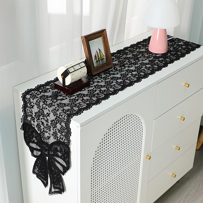 Black Lace Table Runner with Big Bow Ends 12 x 71 Inch Vintage Rectangle Macrame Embroidered Runner French Style Tablecloth for Wedding Kitchen Dining Table Home Decor