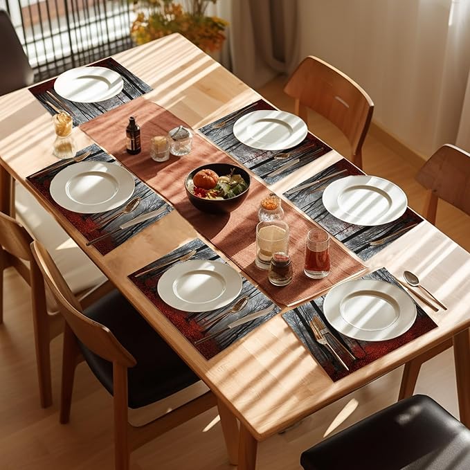 Red Leaf Forest Placemats Set of 6,Washable Heat Resistant 12×18 Inch Linen Table Mats Natural Landscape Park Place Mats for Party Outdoor Dining Décor