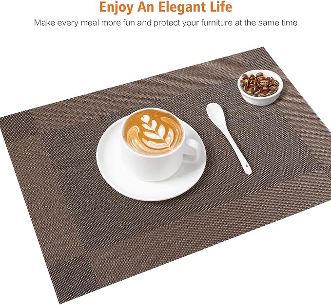 Placemats Set of 4,Washable,Heat and Stain Resistant Indoor/Outdoor Place mats,Vinyl Woven Non Slip Table Mats for Restaurant Table Protection,PVC Placemats(Brown,4PCS)