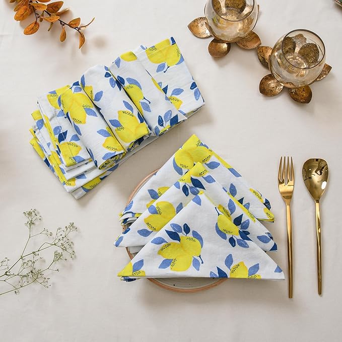 TARAN LIVING Printed Cotton Cloth Napkins Reusable Fall Dinner Napkin Set of 12 Reusable Machine Washable Fabric Best for Gift, House Party, Craft, Home Decor - Pack of 12, Lemon Print - 18x18 Inch