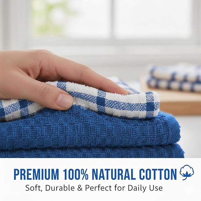 GOLD TEXTILES Kitchen Towels 12 Pack Premium 100% Cotton Dish Towels for Kitchen (15 x 25 Inches) Super Soft & Absorbent Kitchen Hand Towels for Drying Dishes, Cleaning - Reusable and Washable (Blue)
