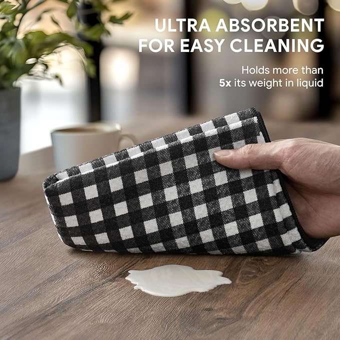 RECYCO Waffle Kitchen Towel Set of 2 - Quick Dry Microfiber Sustainable Dish Towels - Ultra Absorbent Reusable Cleaning Tea Towels - Lightweight Hand Towels,16”x 28”, Iron Black Plaid