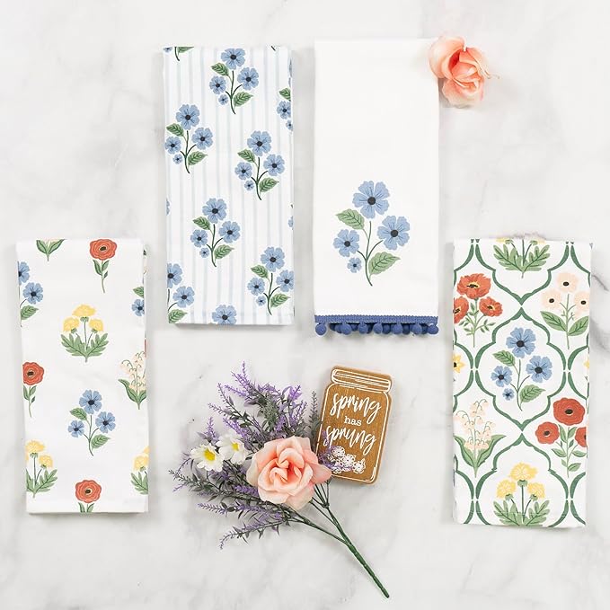 Ritz 100% Cotton Kitchen Towels, Blue Trellis Floral – 16"x26" – Absorbent Dish Towels for Drying & Cleaning – Soft & Durable (Set of 4)
