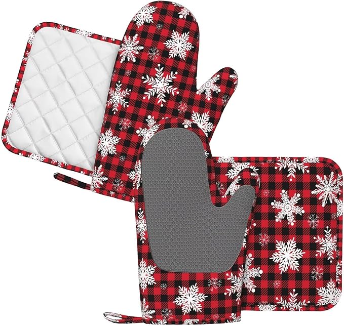 Red Black Buffalo Plaid Oven Mitts and Pot Holders Set, 4pcs Winter White Snowflakes Christmas Silicone Oven Glove for Kitchen Heat Resistant Oven Mitts and Potholders Non-Slip for Cooking