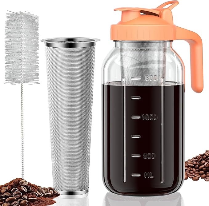 JunVpic Cold Brew Coffee Maker Jar - 64oz Thick Glass Multipurpose Mason Pitcher Spout Lid with Handle & Stainless Steel Filter for Iced Coffee, Lemonade, Ice Tea, Homemade Fruit Drinks Container