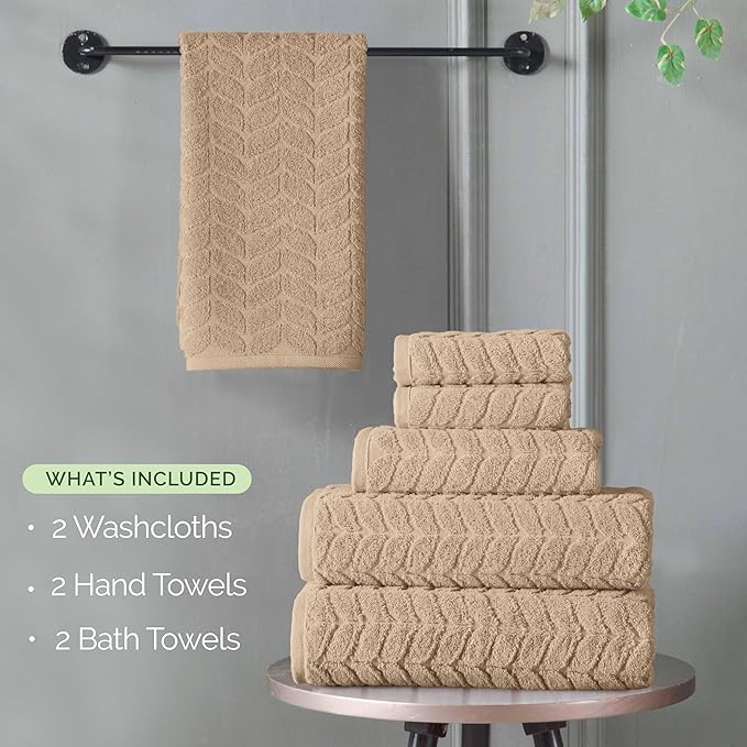 Elegant Comfort Luxury 6-Piece 100% Turkish Cotton Jacquard Braided Textured Premium Hotel Quality Towel Set– Soft and Absorbent, Includes 2 Bath Towels, 2 Hand Towels and 2 Washcloths, Taupe