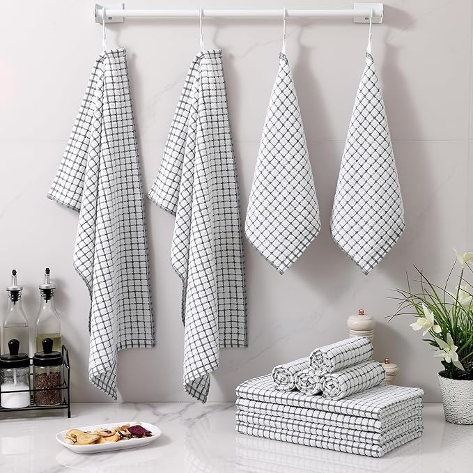 Homaxy Kitchen Towels and Dishcloths Set, 16 x 25 and 12 x 12 Inches, Set of 12 Cotton Terry Kitchen Dish Towels, Super Soft and Absorbent Dish Cloths, Grey