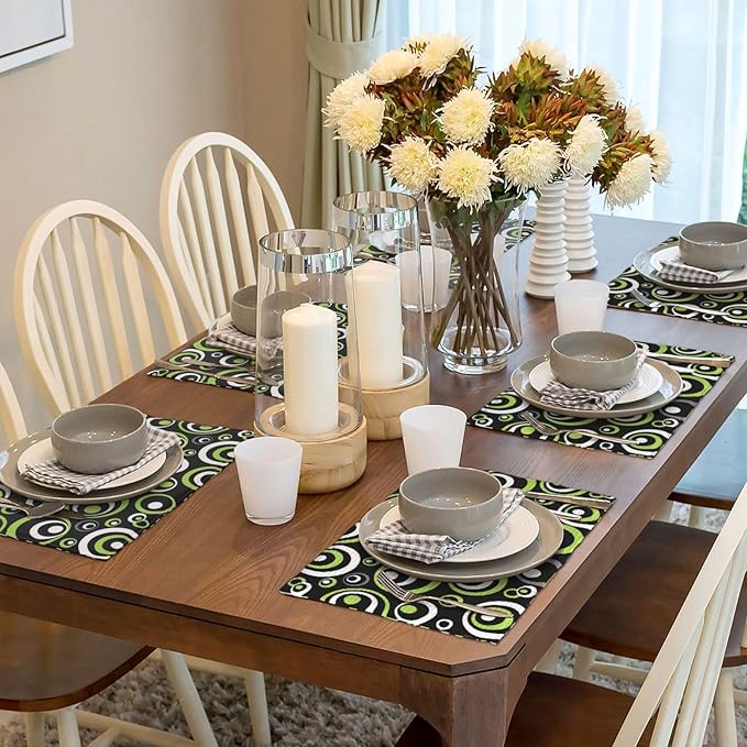 Black Green Geometric Circles Linen Placemats Set of 4, Washable Heat Resistant Green Table Mats for Dining Table Kitchen Wedding Farmhouse Party Coffee Shop, Modern Home Decor, 12" x 18" Place Mats