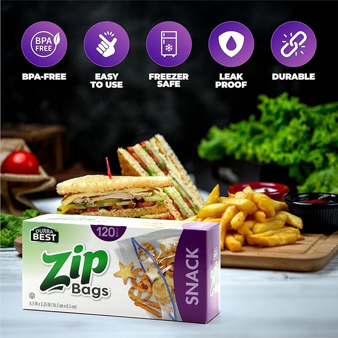 Sandwich Zip Bags - 100 Count | Leak-Proof, Freezer Safe & Reusable Food Storage Bags for Lunch & Snacks | Durable BPA-Free Seal | DURRA BEST