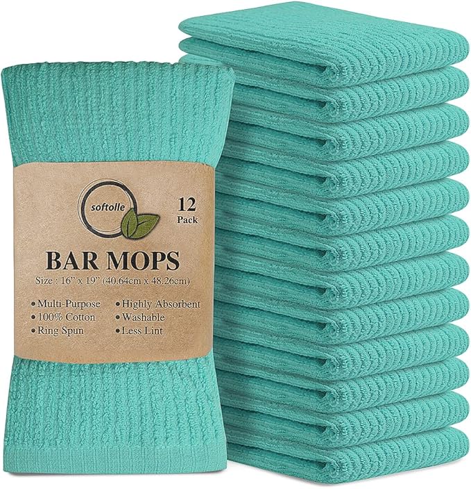 Softolle Bar Mop Towels, Pack of 12-16x19 Inches - 100% Cotton Super Absorbent Towels, Multi-Purpose for Home and Bar Cleaning (Aqua)