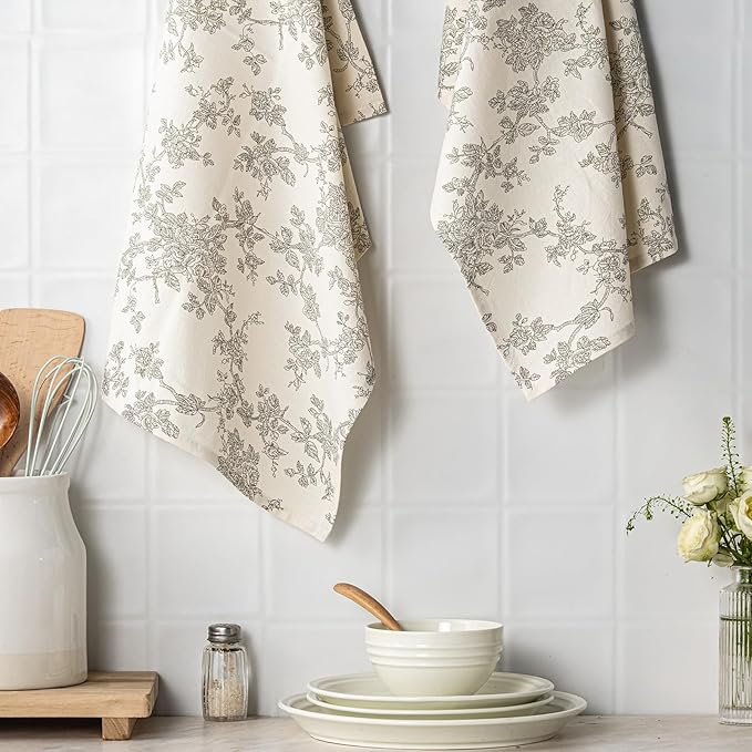 100% Cotton French Pastoral Kitchen Towels Set of 2, Decorative Flour Sack Tea Towels with Hanging Loop 18x25 Inch Absorbent Dish Cloths Farmhouse Home Decor, Green