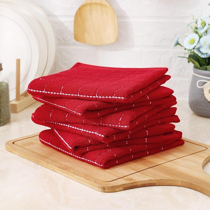Homaxy 100% Cotton Terry Kitchen Dish Cloths, Ultra Soft and Absorbent Dish Towels for Kitchen, Suitable for Drying and Washing Dishes, 4 Pack, 12 x 12 Inches, Red