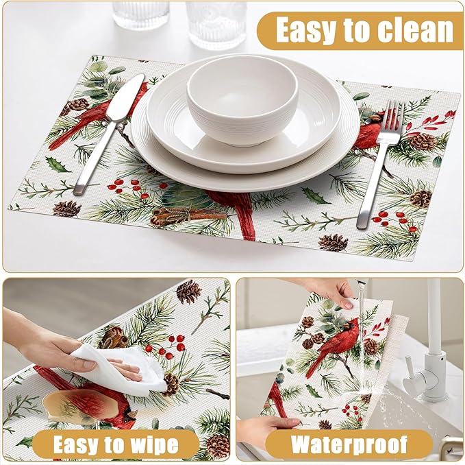 Red Cardinal Placemats Set of 6, Christmas Berry Bird Linen Place Mat Washable Stain Resistant Table Mats for Farmhouse Kitchen Dining Party Wedding Decor 12x18 Inch