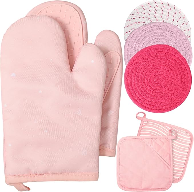 Pink Oven Mitts and Pot Holders 7 Sets, Heat Resistant Kitchen Gloves Pads Potholders for Women Gifts Pot Holders Kitchen Accessories Gift(Pink White,Rubber Cotton,Stripes)