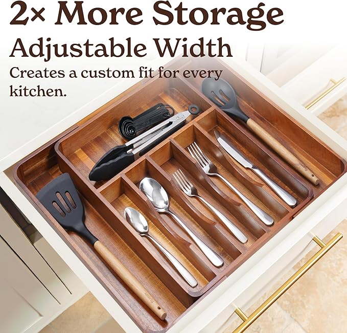 SMIRLY Silverware Drawer Organizer – Acacia Kitchen Drawer Organizer, Adjustable Utensil Holder and Cutlery Tray, Drawer Dividers for Flatware and Kitchen Utensils