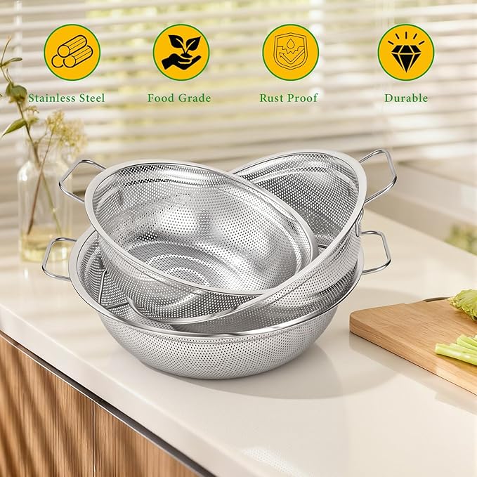 Colander Set of 3, Stainless Steel Micro-Perforated Colanders Strainers for Draining Rinsing Washing, Ideal for Pasta Vegetables Fruits, Heavy Duty & Dishwasher Safe