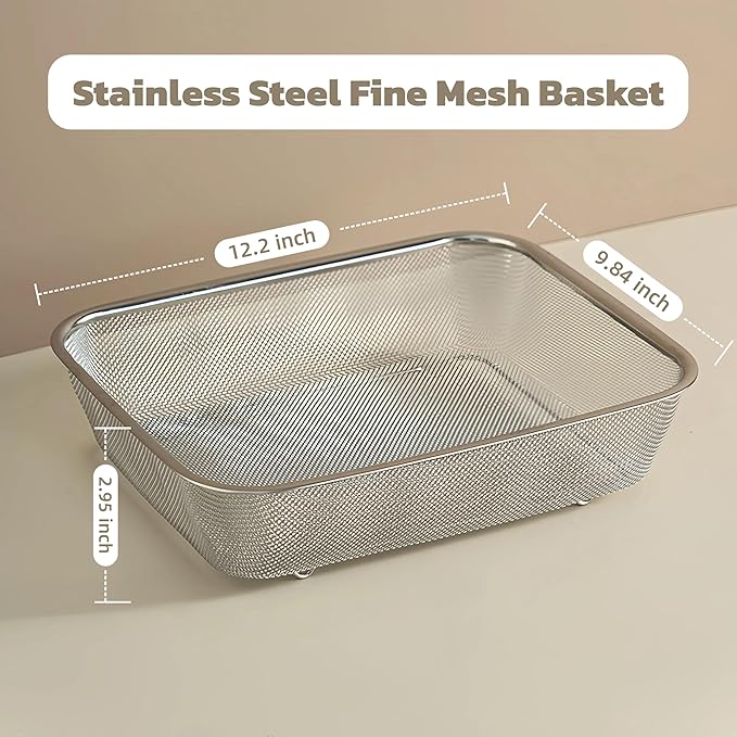 18/8 Stainless Steel Fine Mesh Strainer Basket with Feet, Rectangular Colander for Vegetables, Fruits, Pasta, Noodles – Rustproof, Durable & Easy to Clean (12.2 inch)