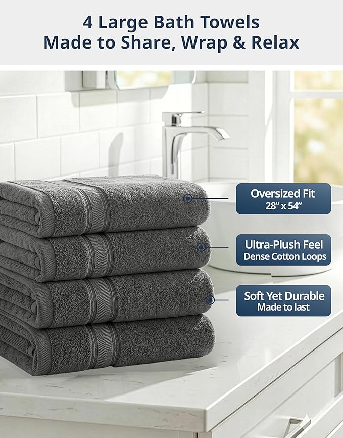 LANE LINEN 100% Cotton Bath Towels Set of 4 (28"x54") - Zero Twist, Mercerized Cotton Extra Large Bathroom Towel Sets - Quick Dry, Soft & Absorbent Grey Towels Set - Pre Shrunk, Fade Resistant - Grey