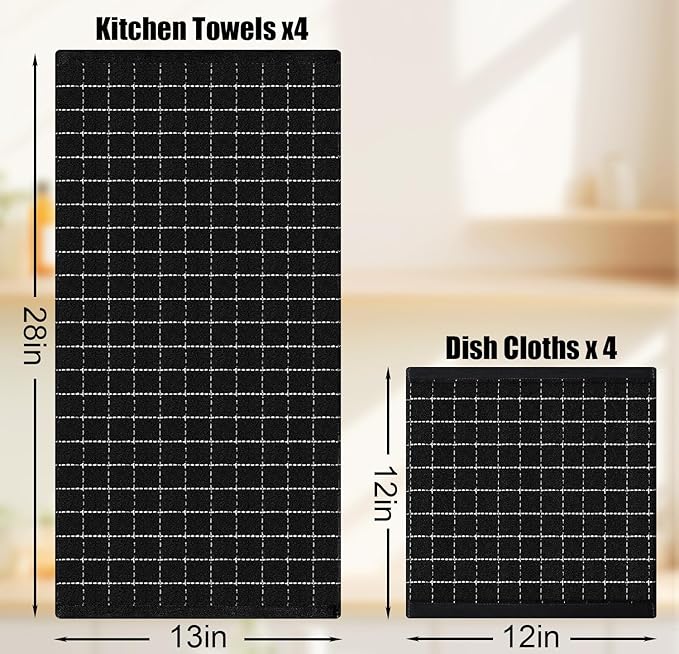 Homaxy Kitchen Towels and Dishcloths Set, 12 x 12 and 13 x 28 Inches, Set of 8 Bulk Cotton Terry Kitchen Towels Set, Checkered Designed, Soft and Super Absorbent Dish Towels, Black