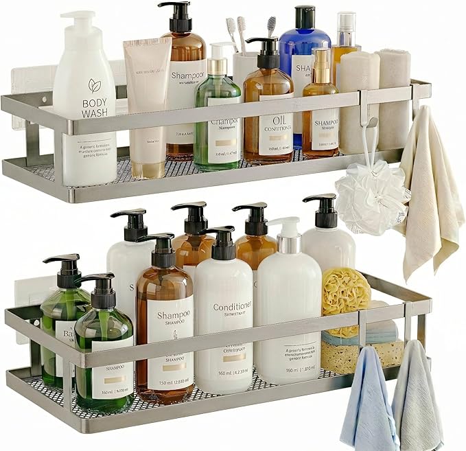 PUSDON 2-Pack Minimalist Shower Caddy Wall Mount, Open Frame Bathroom Shelf Organizer with Mesh Base, Rustproof Floating Spice Rack for Kitchen, Holds 50 LBS, 4 Hooks - Silver Gray, Guardrail