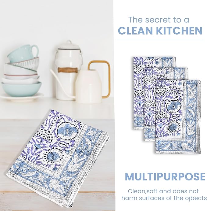 CPC Indigo Blue Hand Block Print Waffle Kitchen Towel Set of 3-16 x 28 Inch Ultra Absorbent Quick Dry Cotton Dish Towels Lightweight Reusable Sustainable Tea Towels for Cleaning and Drying