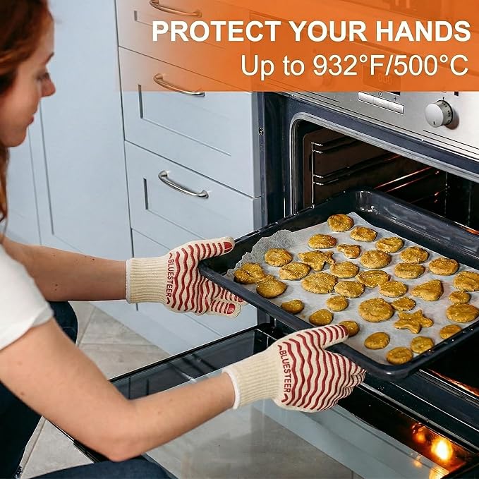 Oven Gloves 932°F Heat Resistant Oven Mitts with Fingers, Heat Proof BBQ Grill Gloves Silicone Grip Fireproof Gloves for Kitchen Cooking Grilling Baking