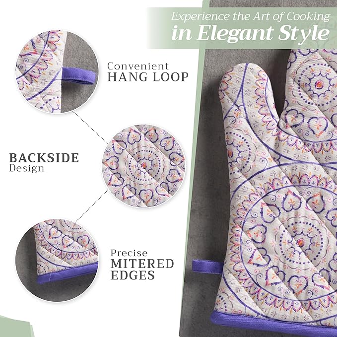 Maison d'Hermine Oven Gloves 100% Cotton Oven Mitt 7" x 13" with Loop Heat Resistant BBQ Cooking Gloves Baking Grilling Gifts for Mothers Day Spring/Summer (Pack of 1, Mandala)