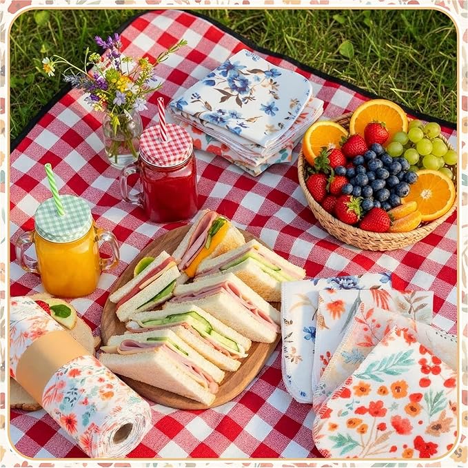 Redbaker 30 Pcs Reusable Paper Towels Rolls Towels Bulk Kitchen Washable Paperless Cloth Cotton Hand Napkins with Cardboard Reusable Napkins for Kitchen Bathroom (Vintage Flower)
