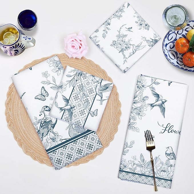 Chinoiserie Floral Bird Tea Towels, Rustic Vintage Cotton Kitchen Towel 18.9×27.5 inch, Quick Drying Dish Cloth for Party Anniversary Holiday Decoration, Housewarming Gifts for Mom