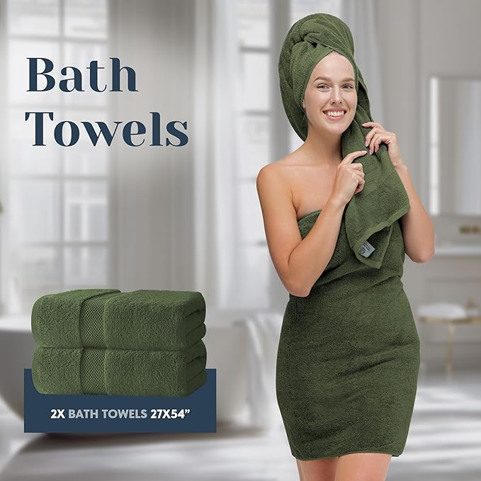 White Classic Luxury Bath Towel Set of 8 Pieces - 100% Turkish Cotton Highly Absorbent Towels for Bathroom, 2 Luxury Bath Towels 700GSM, 2 Hand Towels, 4 Washcloths, Sage Green