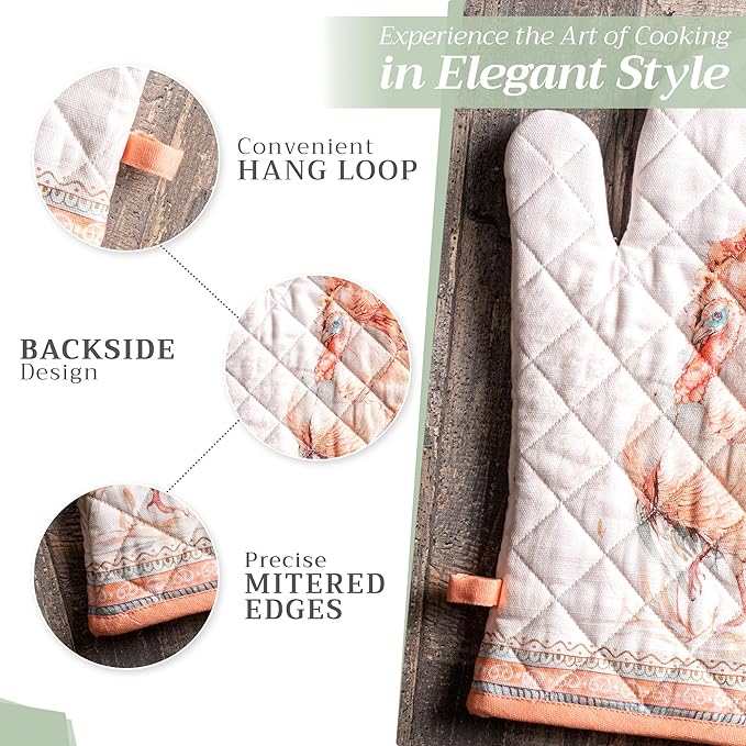 Maison d' Hermine 100% Cotton Oven Mitt & Pot Holder Set (7.5"x13" & 8"x8") Heat Resistant BBQ Cooking Gloves with Loop for Thanksgiving Christmas Decorations Handling Hot Pans (Giving Thanks)