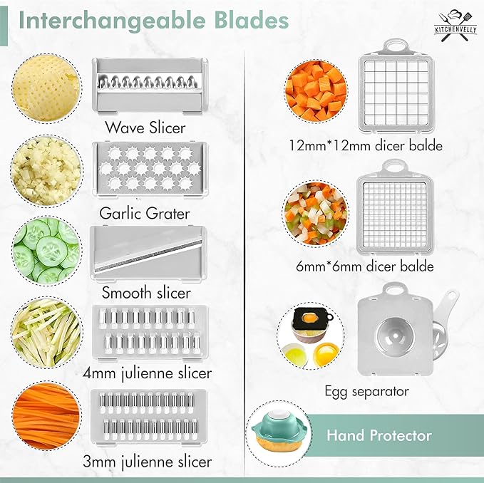 Vegetable Chopper 16 in 1 with Container, Veggie Chopper Food Chopper and Dicer, Onion Chopper Vegetable Cutter with 8 Stainless Steel Blades, Easy Meal Prep Kitchen Tool, Blue