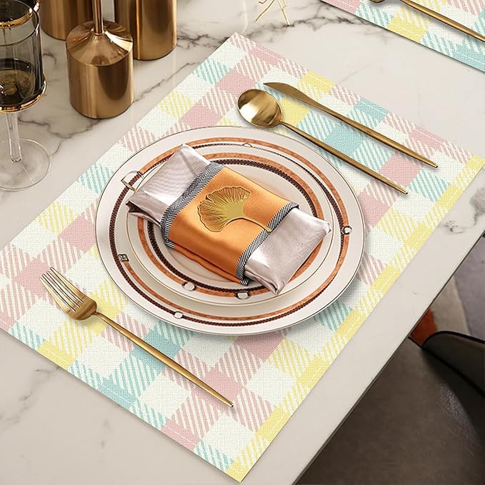 Niviy Buffalo Plaid Blue Pink Yellow Spring Easter Placemats Set of 6, 12x18 Inch Table Mats Easter Decor for Holiday Party Kitchen Dining Room Decoration