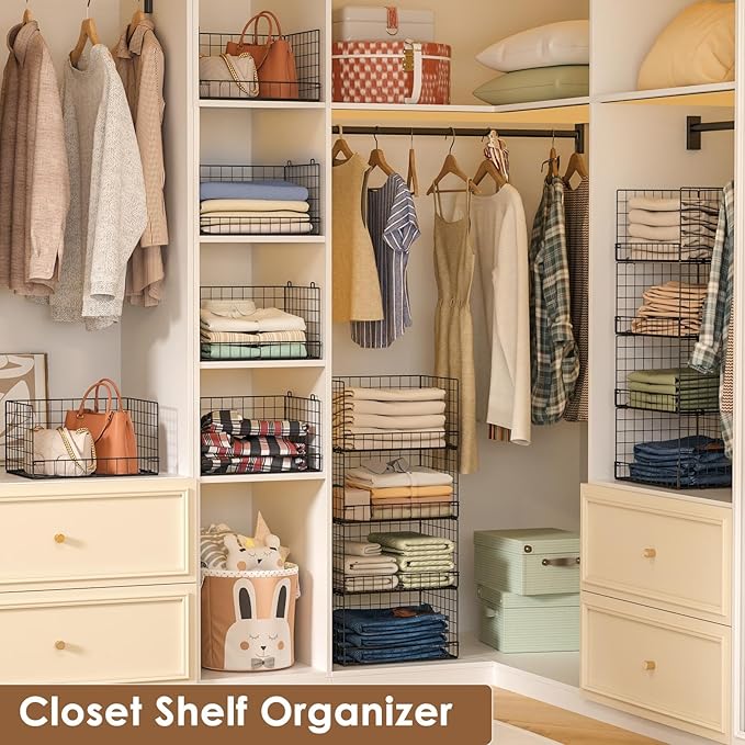 Yociyoga 4-Tier Stackable Closet Organizers and Storage Shelves, Clothes Shelf Organizer Basket Bins, Foldable Sweater Storage for Closet Organizer System, Black (Patent Pending)