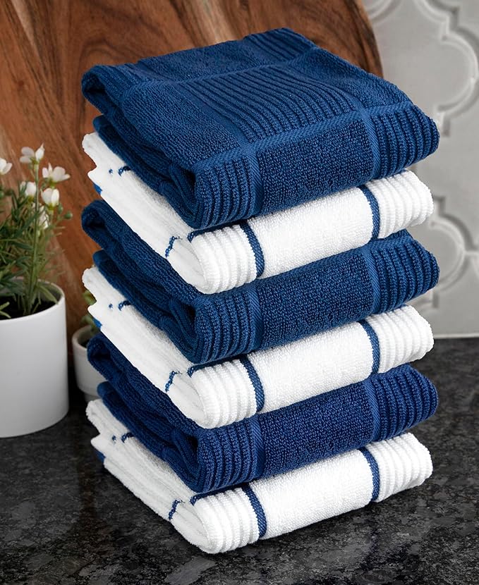 T-Fal Solid & Checked Parquet Kitchen Towels: Highly Absorbent, Super Soft Long Lasting - 100% Cotton, 16"x26" Dish Towels for Cleaning & Drying Dishes, Pans, Glassware, Countertops, 6-Pack, Blue