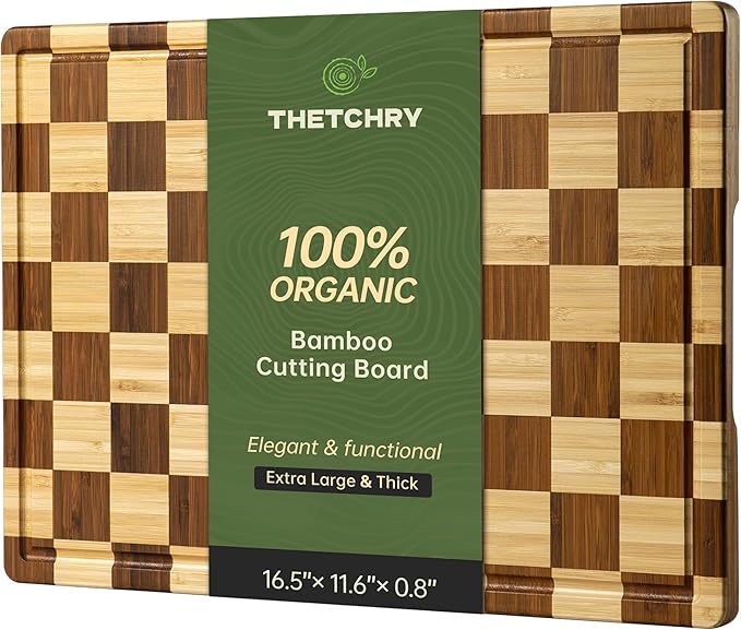THETCHRY Checkered Bamboo Cutting Board, Thick End-Grain Wood Cutting Boards for the Kitchen, Chopping Boards with Juice Groove, Non-Slip, Durable & Crack-Resistant, Perfect Gifts 16.5” x 11.6” x 0.8”