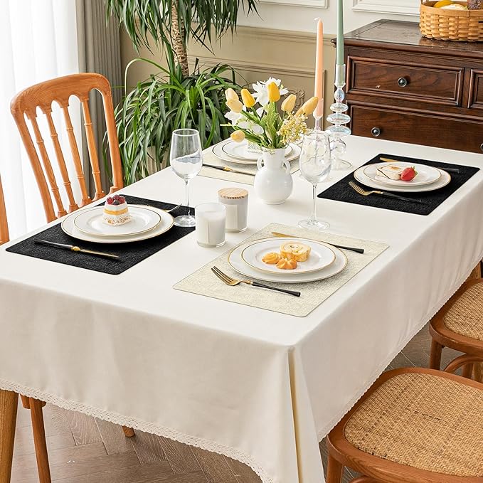 Romanstile Vinyl Placemats Set of 4-12x17 Inch, Reversible Waterproof Washable Non Slip Table Mats, Faux Leather Heat Resistant Wipeable Table Placemats for Dining/Party/Indoor/Outdoor, Black-Beige