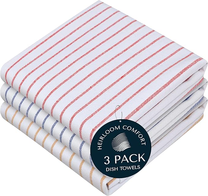 Multi Colors Kitchen Towels 3 Pack, 100% Cotton, Classic Striped Towel Set, Super Absorbent, Quick Drying Fabric for Drying Dishes - Red, Indigo Blue, Mustard Yellow