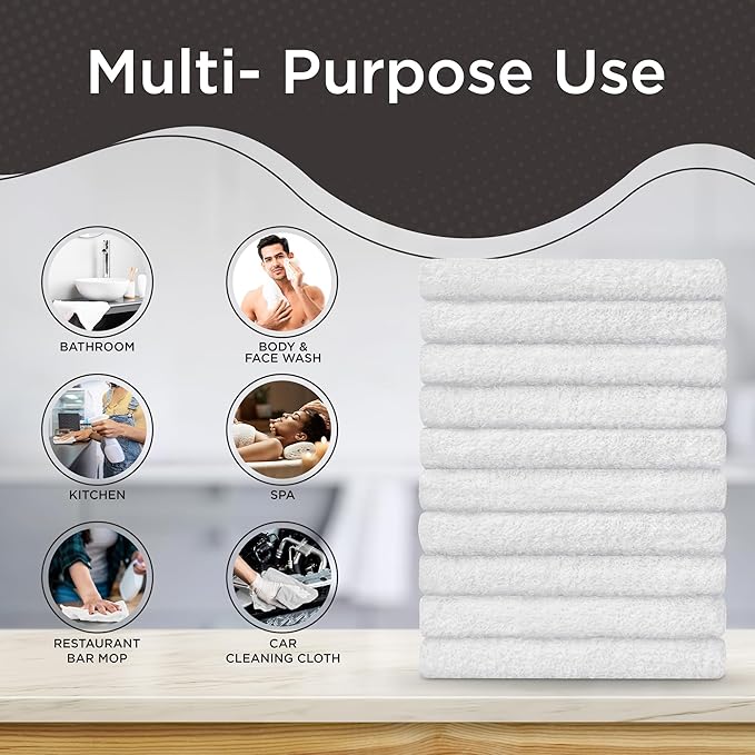 DecorRack 10 Pack 100% Cotton Wash Cloth, Luxurious Soft, 12 x 12 inch Ultra Absorbent, Machine Washable Premium Quality Washcloths, White (10 Pack)