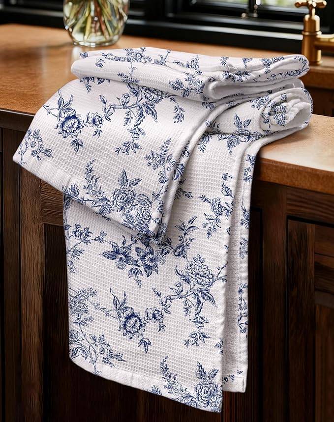 Miss Adola 2pcs Waffle Kitchen Towels - 16x26 Inch Cotton Waffle Weave Dish Cloths Set of 2 with Hanging Loop Absorbent Hand Tea Towels French Country Design for Housewarming Gift, Toile Print