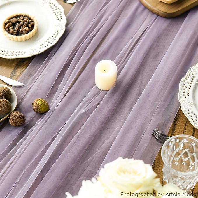 Artoid Mode Grayish Purple Gauze Table Runner 120 Inch 10FT, Seasonal Sheer Kitchen Dining Holiday Wedding Birthday Baby Shower Table Decor for Home Party