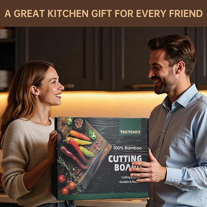 Bamboo Cutting Boards for Kitchen, End Grain Wood Cutting Board with Juice Grooves & Handles, Charcuterie Checkered Chopping Board Thick Butcher Block Serving Tray with Gift Box, 16.5"×11.6"× 1"