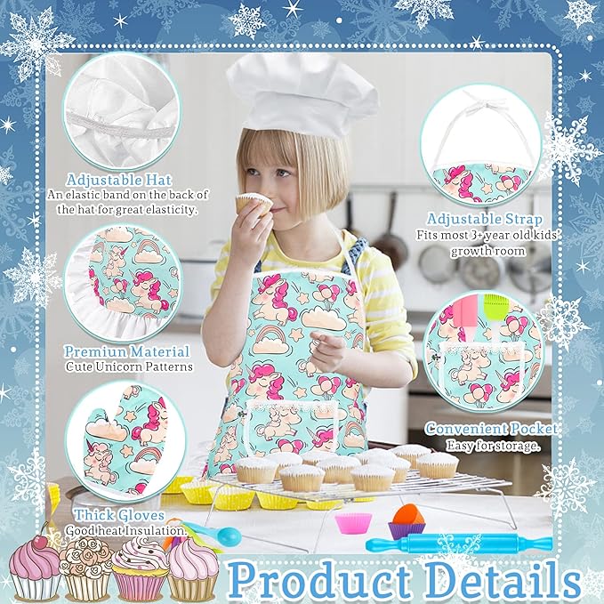 KAEGREEL Kids Baking Chef Set with Unicorn Apron and Mitt, 26pcs Kitchen Toys Kid Cooking Set with Chef Hat Spoons Whisk, Chef Supplies Role Play Gifts for Girls Boys Aged 3 4 5 6 7 8 Years Old