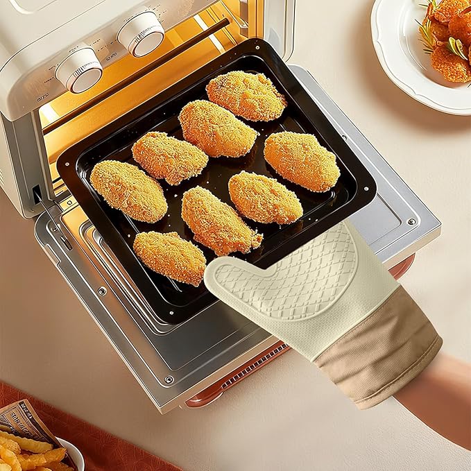 Silicone Oven Mitts，Heat Resistant up to 500°F, Oven Gloves with Soft Lining, Non-Slip Kitchen Essentials, Kitchen Gadgets, Apartment Essentials, Great Gift for Cooking (beige-1pair)