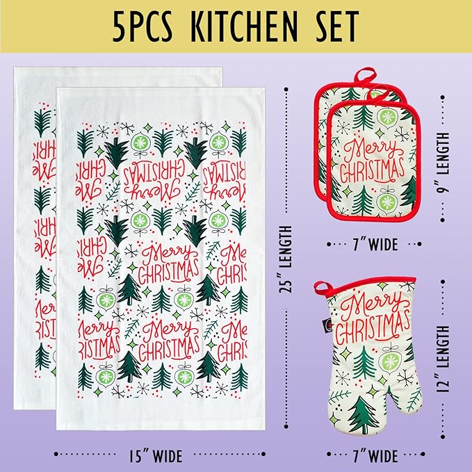 Oven Mitts and Potholders Dish Towles Set 100% Cotton for Perfect for Gifting, Baking and Everyday Cooking Durable Heat Resistant for Kitchen (5-Piece Merry Christmas)