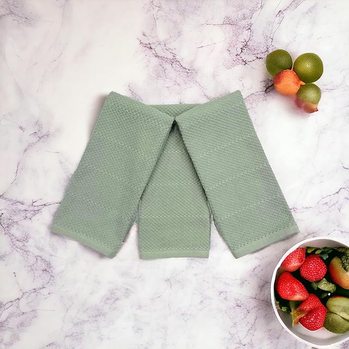 Serafina Home Sage Green Kitchen Dish Towels: 100% Cotton Cloth Soft Cleaning Drying Absorbent Textured Terry Loop, Set of 3 Multipurpose for Everyday Use