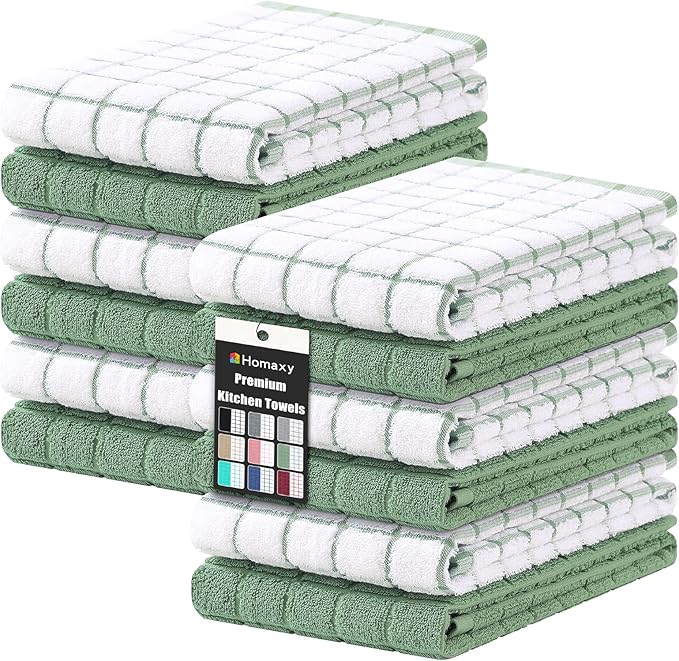 Homaxy Premium Cotton Kitchen Towels 16"x 28", Large Natural Ring Spun 390 GSM Dish Towels, Super Absorbent Terry Kitchen Hand Towels, Soft Tea Towels with Hanging Loop, Grass Green Check, 12 Pack