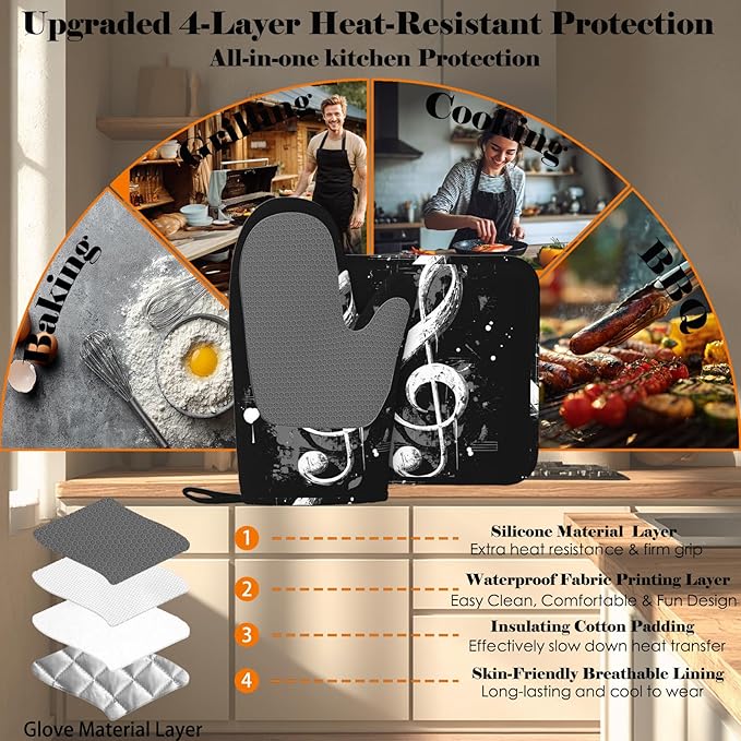Black Notes Oven Mitts and Pot Holders Sets Non-Slip Silicone Surface for BBQ Gloves,Kitchen,Cooking,Baking,Grilling,BBQ