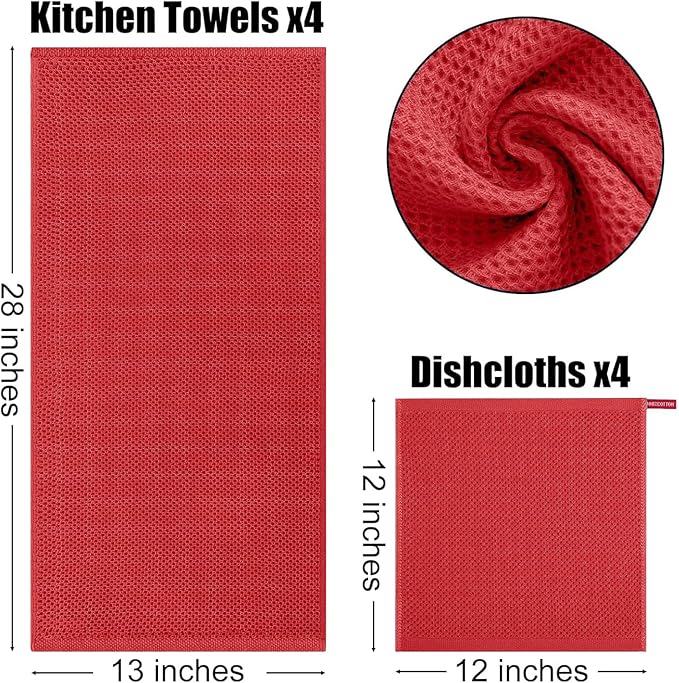 Kitinjoy 100% Cotton Kitchen Towels and Dishcloths Set, 10 Pack-13" x 28" and 12" x 12" Waffle Weave Dish Towels, Ultra Soft Absorbent Quick Drying Dish Rags, Red