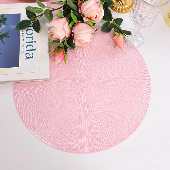 Snowkingdom Pink Easter Placemats Set of 8, Vinyl Hollow 15 Inch Light Pink Spring Round Place mats, Easy Clean Washable Wipeable Dining Table Mats for Mothers Day Wedding Christmas Party Decoration